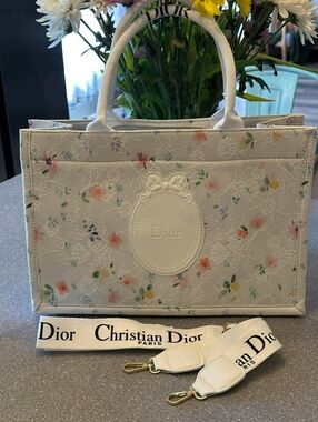 White Floral Tote with Black Logo Handles